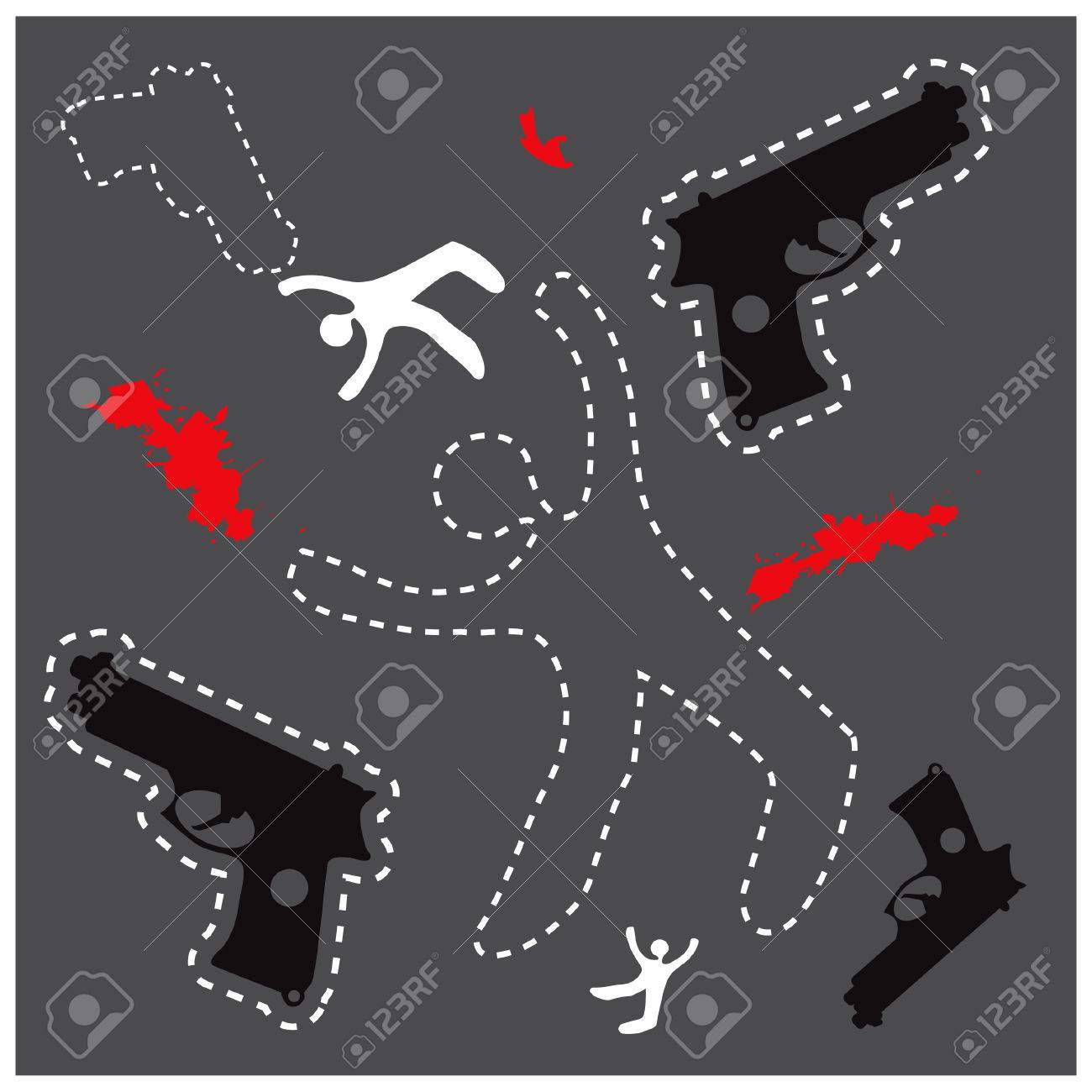 silhouette of the dead man and gun on the ground vector background dead body otline