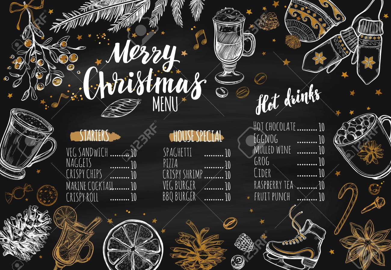 merry christmas festive winter menu on chalkboard design template