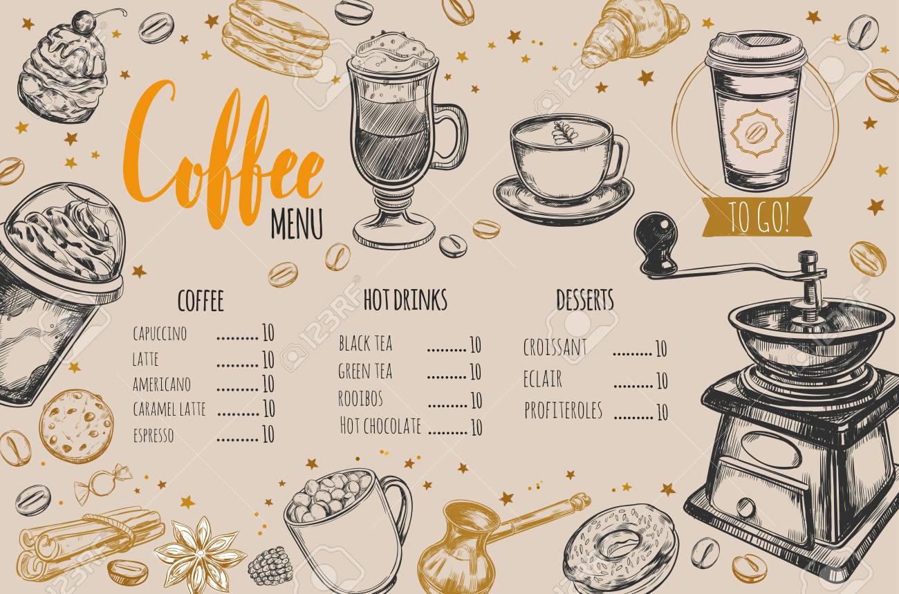 コーヒー ベーカリー レストラン メニューのパンフレット ベクトル手描きテンプレート スケッチ イラストと手書きのレタリング 書道 のイラスト素材 ベクタ Image