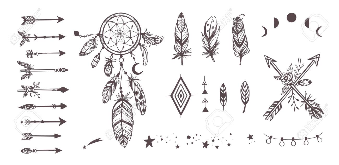 Boho Style Vector Collection For Tattoo, Icon, Flyers,cards With  Dreamcatcher ,feathers,moon,wild,arrow Royalty Free SVG, Cliparts, Vectors,  and Stock Illustration. Image 120880098., image size:1300x636