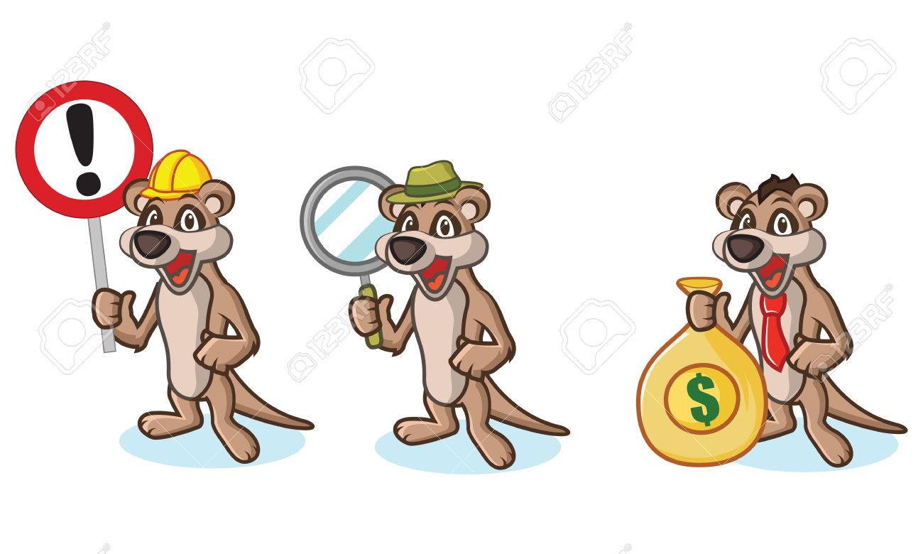 お金 ラップトップと拡大鏡付きタン ミーアキャット マスコットのイラスト素材 ベクタ Image