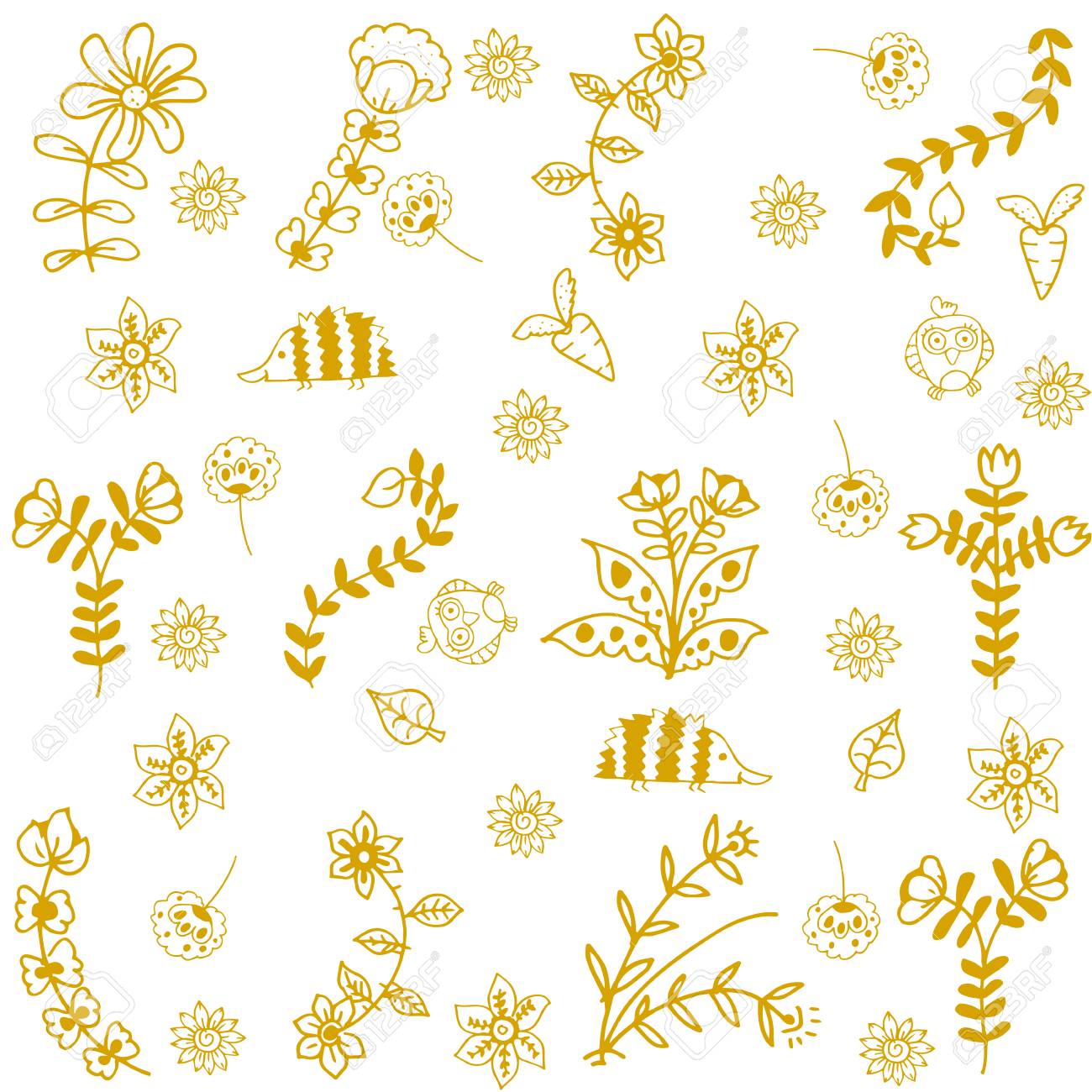 Flower And Insect Yellow Doodle Art With White Backgrounds Royalty