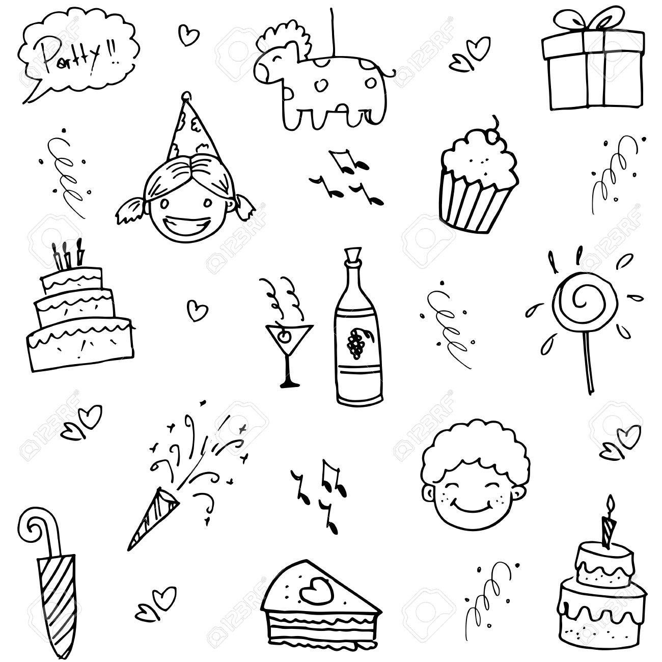 birthday doodle party for kids on white backgrounds royalty free