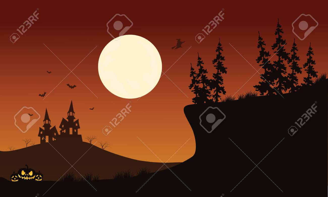 ハロウィンかぼちゃとオレンジ色の空とシルエットのバットのイラスト素材 ベクタ Image