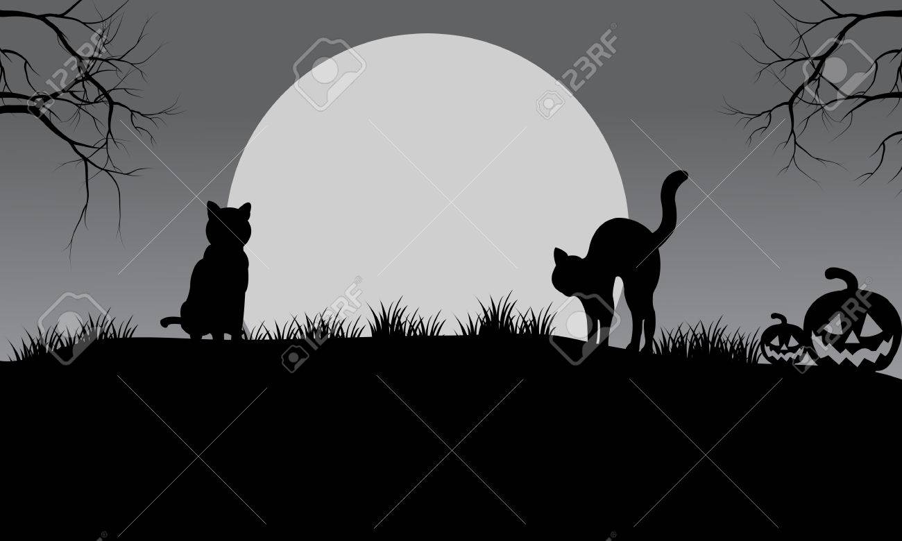 ハロウィン猫シルエットと灰色の背景との月のイラスト素材・ベクター