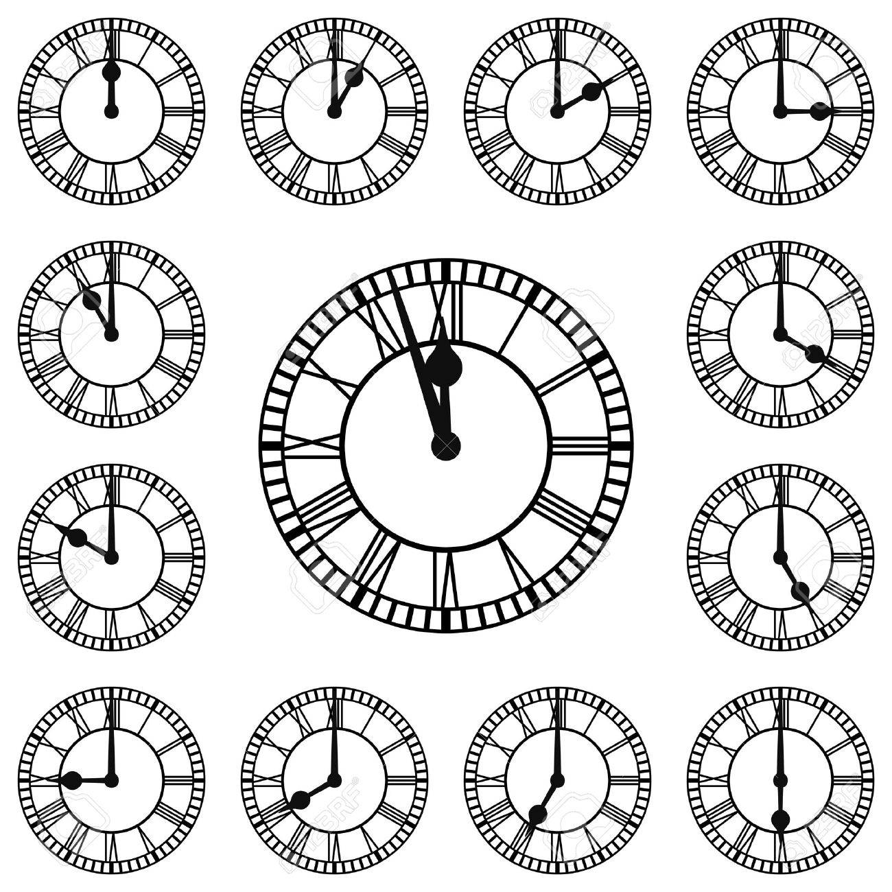 roman numeral clocks showing every hour each hour is on a separate