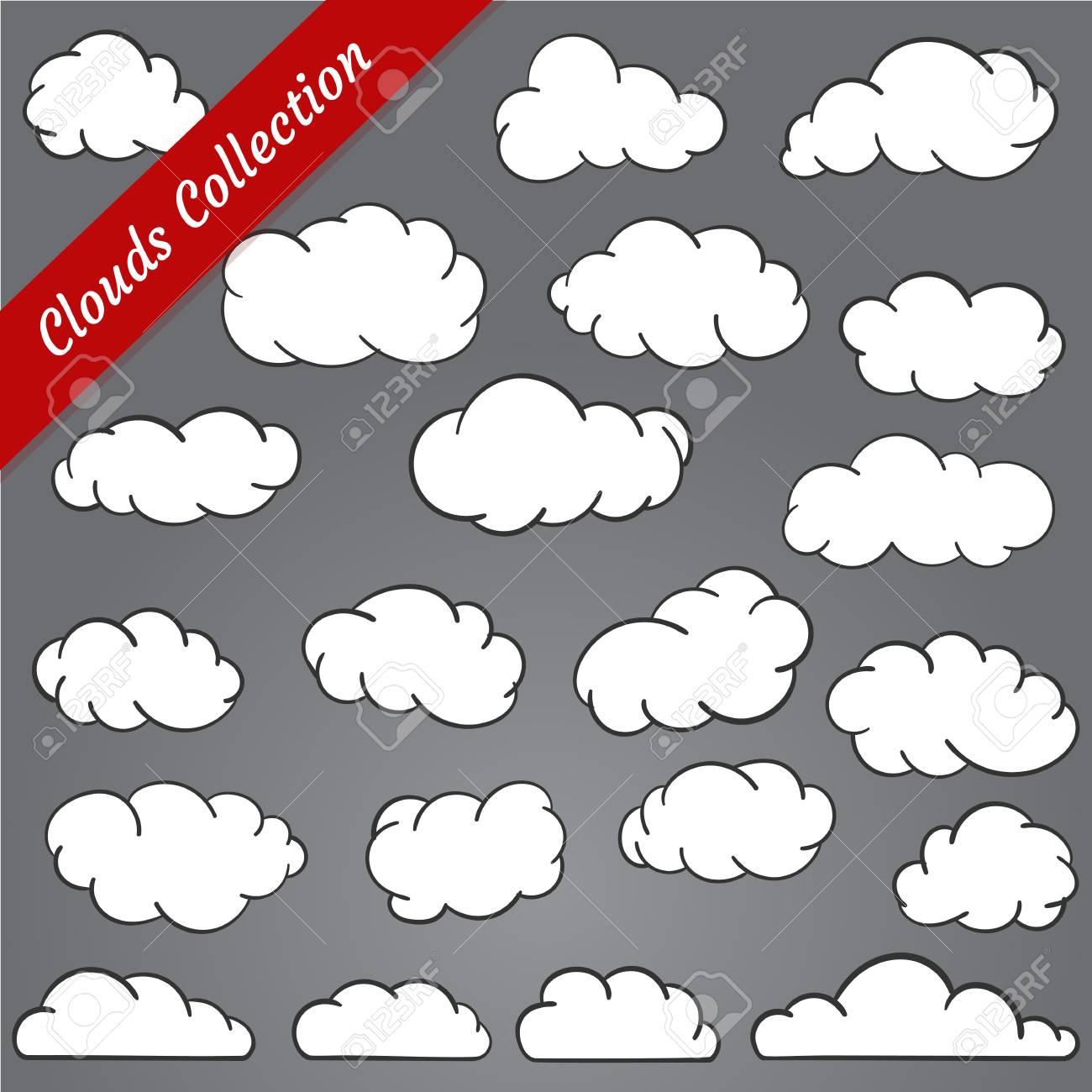 雲の図形のコレクション 簡体字とミニマルな漫画雲の輪郭を設定します のイラスト素材 ベクタ Image