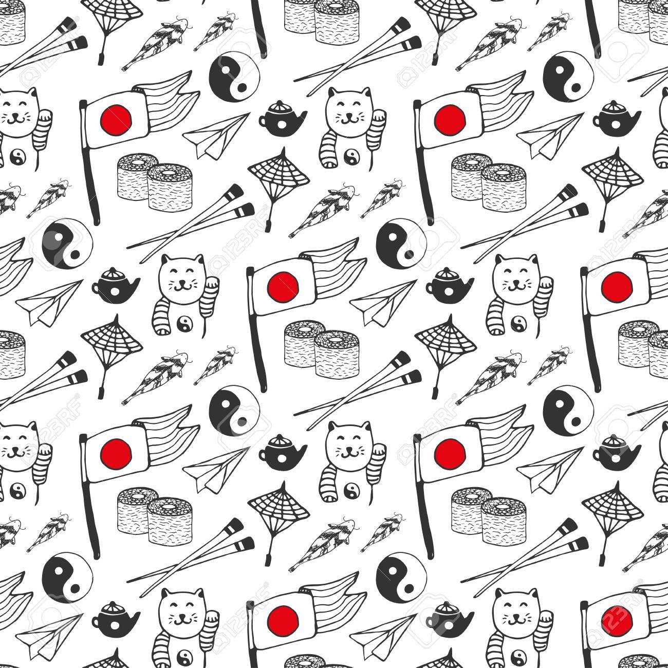 Hand Drawn Seamless Pattern With Japan Culture Elements Japan Background For Design Vector Il Ration Hand Drawn Seamless Pattern With Japan Culture Elements Japan Background For Design Vector Il Ration