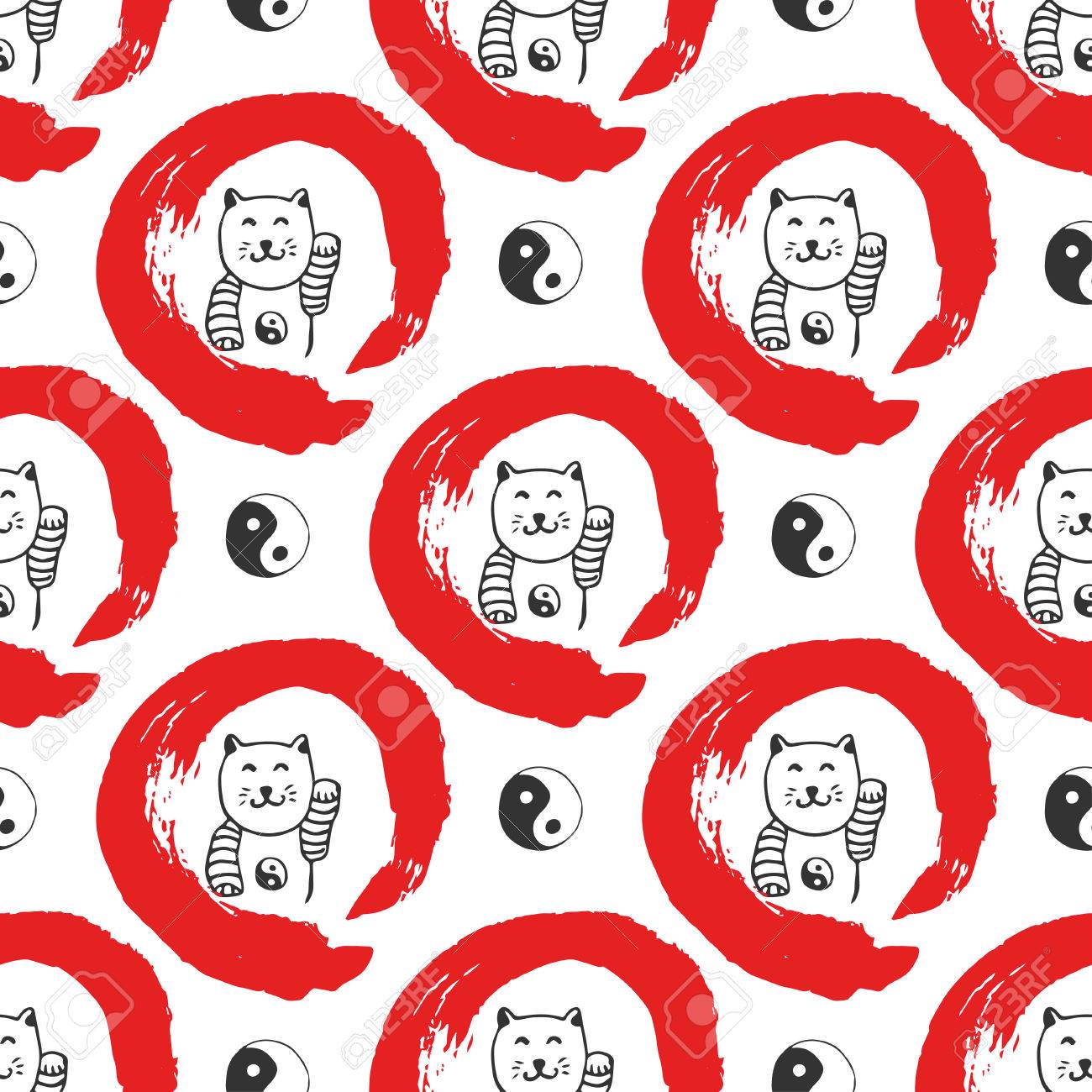 手は 日本幸運招き猫とシームレスなパターンを描画します デザインの陰陽背景 赤い禅円のインクで手描き のイラスト素材 ベクタ Image