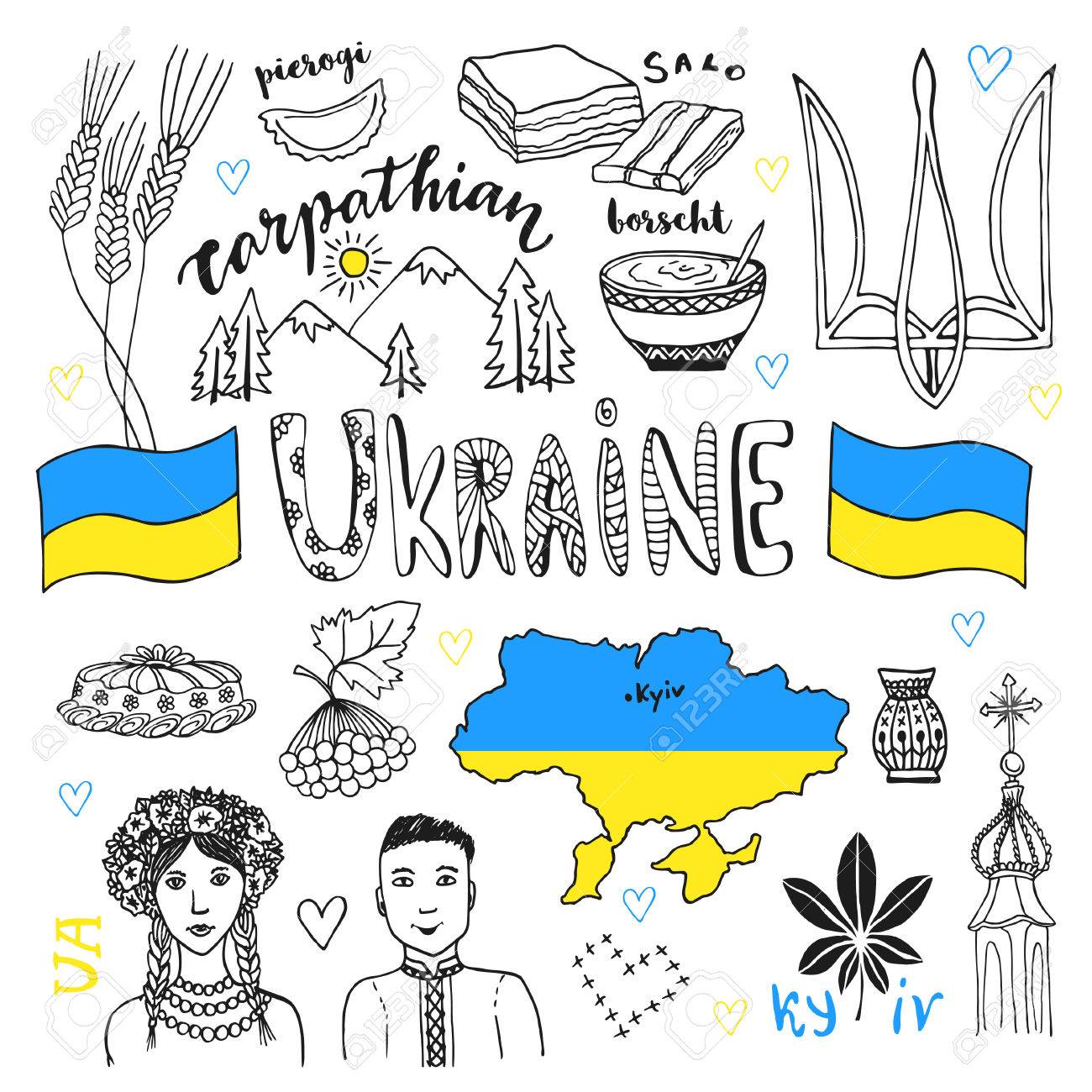 vector hand drawn line art set of ukraine signs and people
