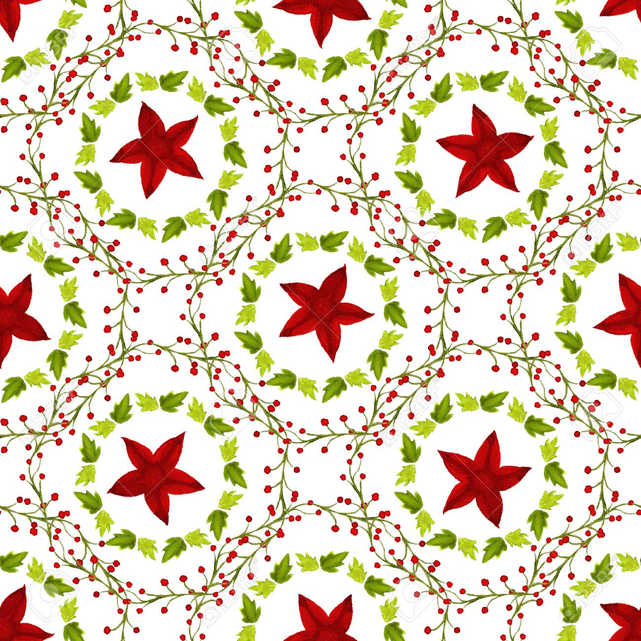 Watercolor Red Star And Green Leaves Seamless Pattern Hand Paint