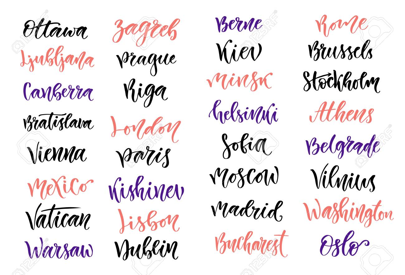 Colección Del Capital Mundial Los Nombres De Ciudades De Recogida De La Caligrafía Moderna Letras Aisladas Ilustraciones Vectoriales Clip Art Vectorizado Libre De Derechos Image 69939562
