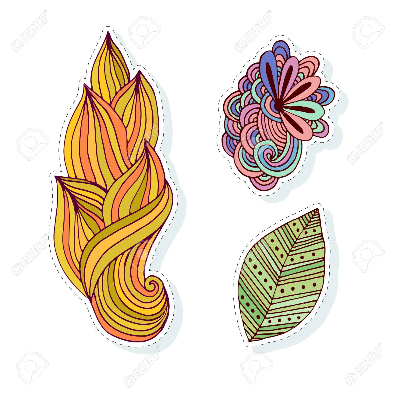 creative stickers collection vector doodle flowers and leaves
