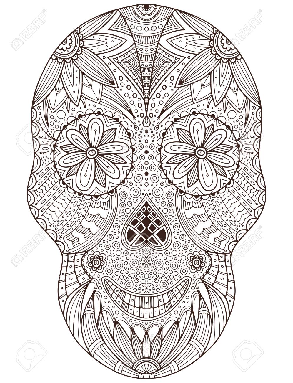 Hand Drawn Mexican Sugar Skull With Flowers Pattern. Isolated - Hand Drawn Mexican Sugar Skull With Flowers Pattern. Isolated