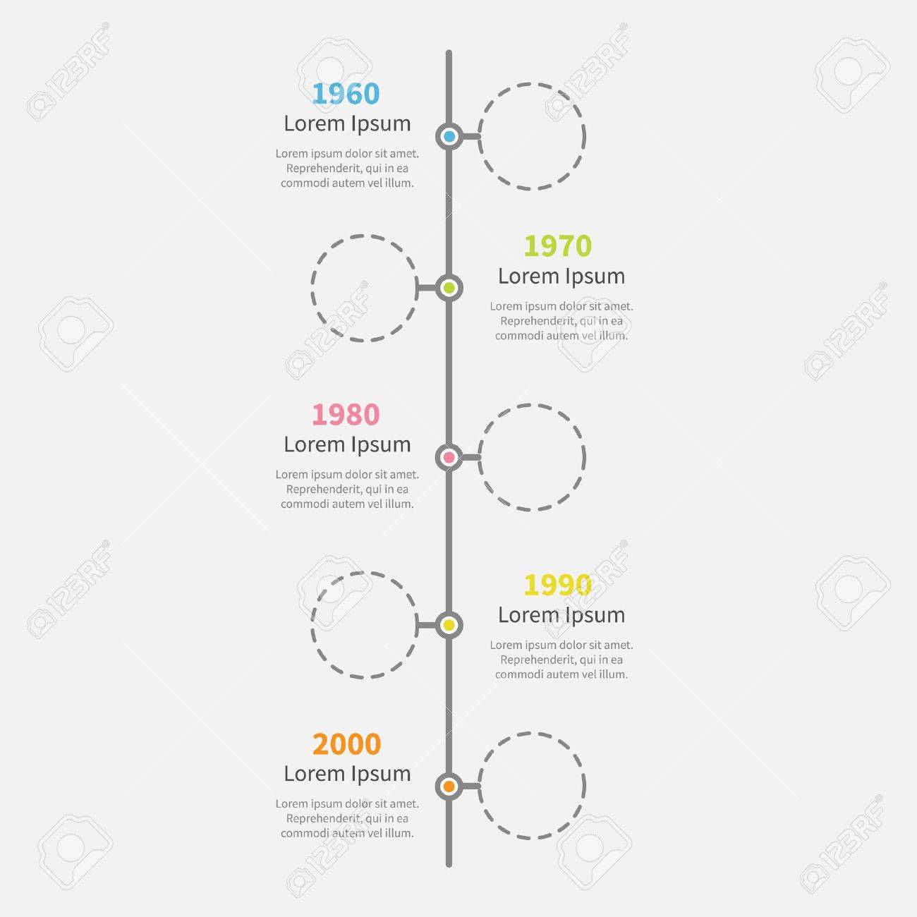 timeline vertical infographic with empty dash line circles and