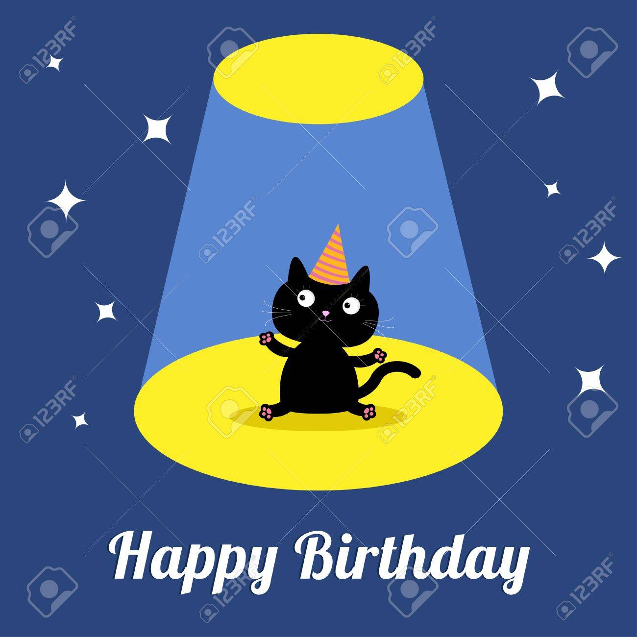 La Lumiere Du Projecteur Dans Le Spectacle De Cirque De Bande Dessinee Mignonne Chat Noir Avec Un Chapeau Carte D Anniversaire Design Plat Vector Illustration Clip Art Libres De Droits Vecteurs Et