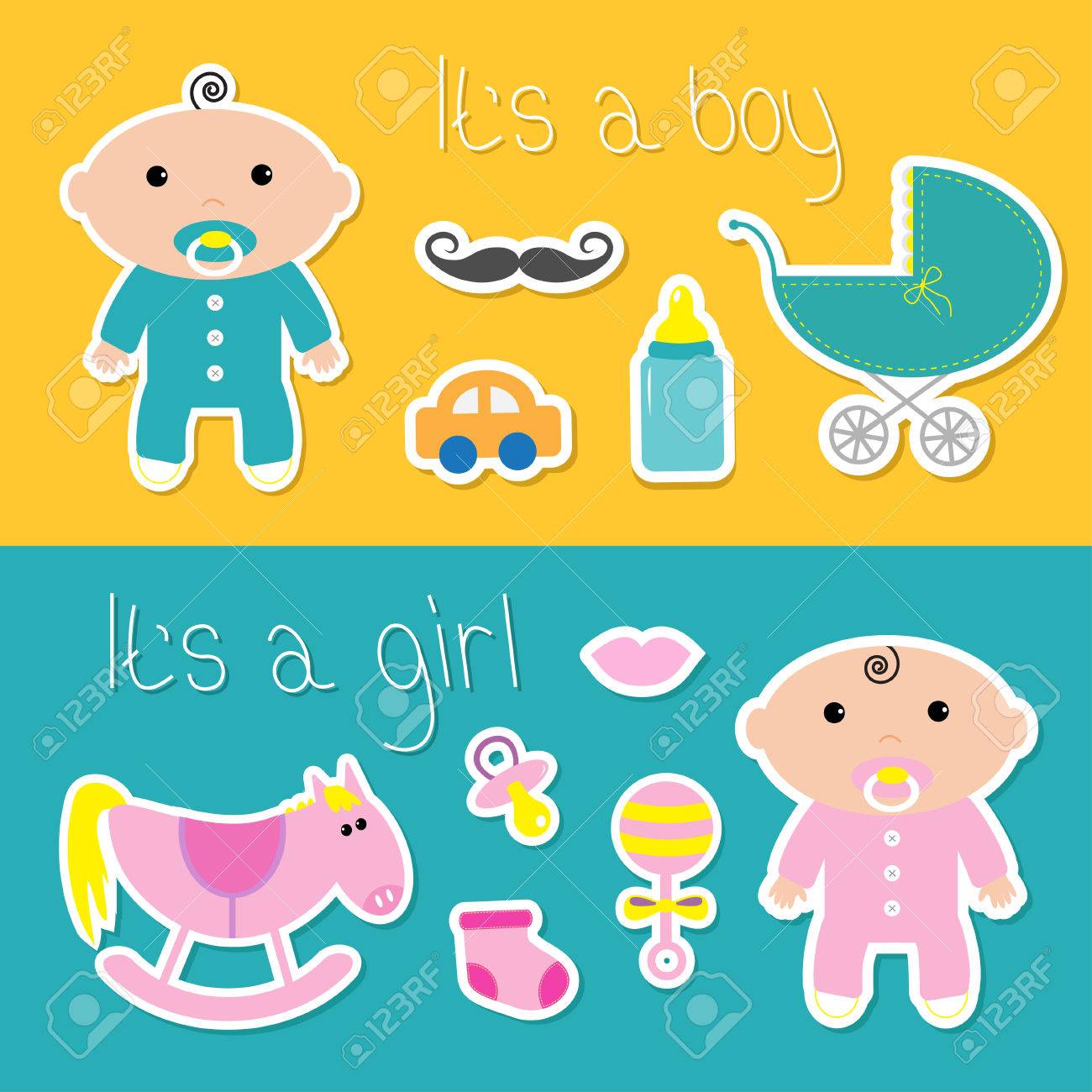 its a boy girl banner set baby shower card with bottle horse