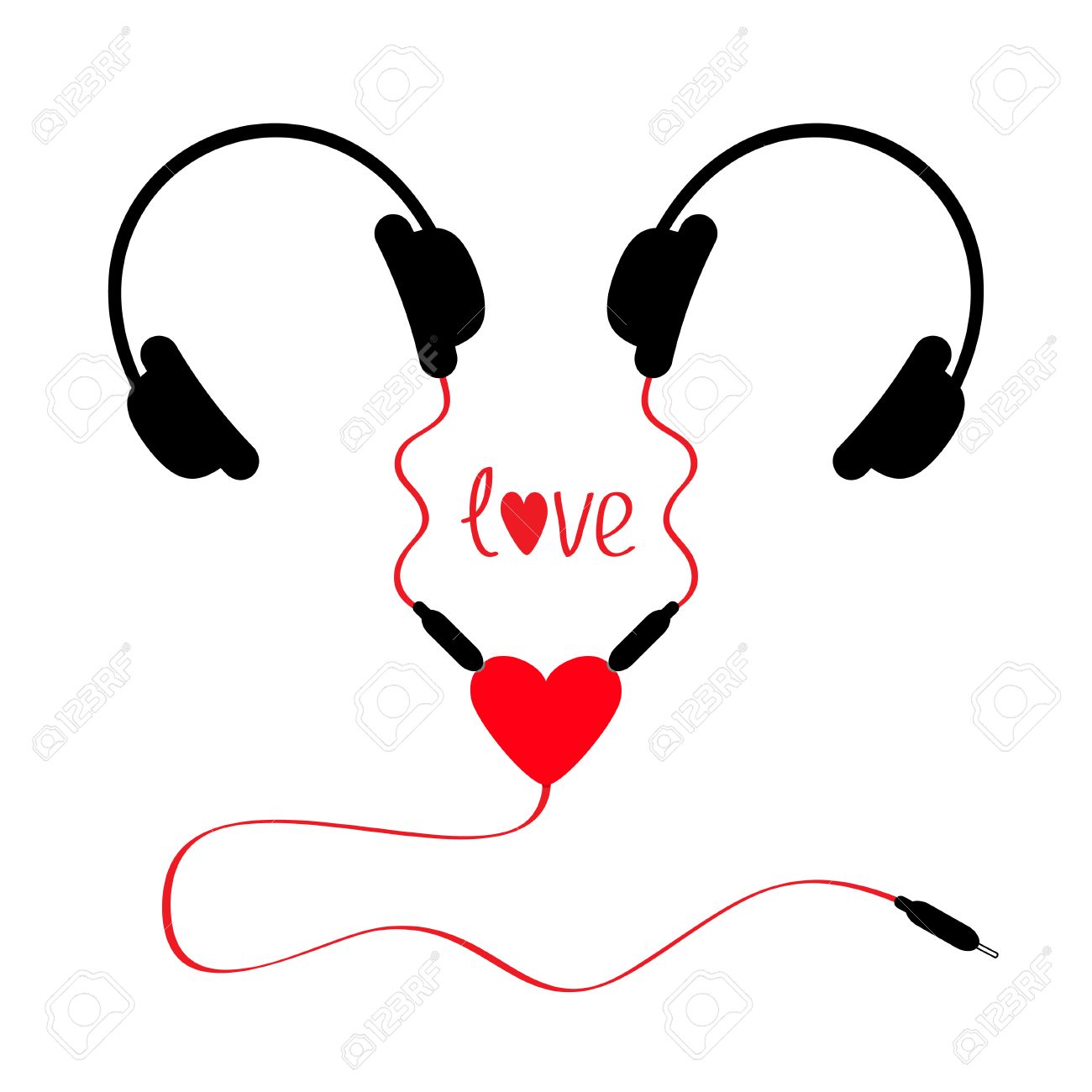 2 つのヘッドフォン イヤホンは オーディオ分割アダプター中心をカップルします 赤いコード 愛という言葉 白い背景 分離されました フラットなデザイン ベクトル図のイラスト素材 ベクタ Image