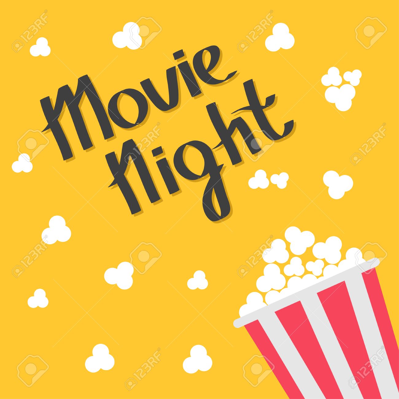 Popcorn bag. Cinema icon in flat design style. Right side. Movie night text. Lettering. Vector illustration - 53510771 Popcorn bag. Cinema icon in flat design style. Right side. Movie night text. Lettering. Vector illustration - 53510771
