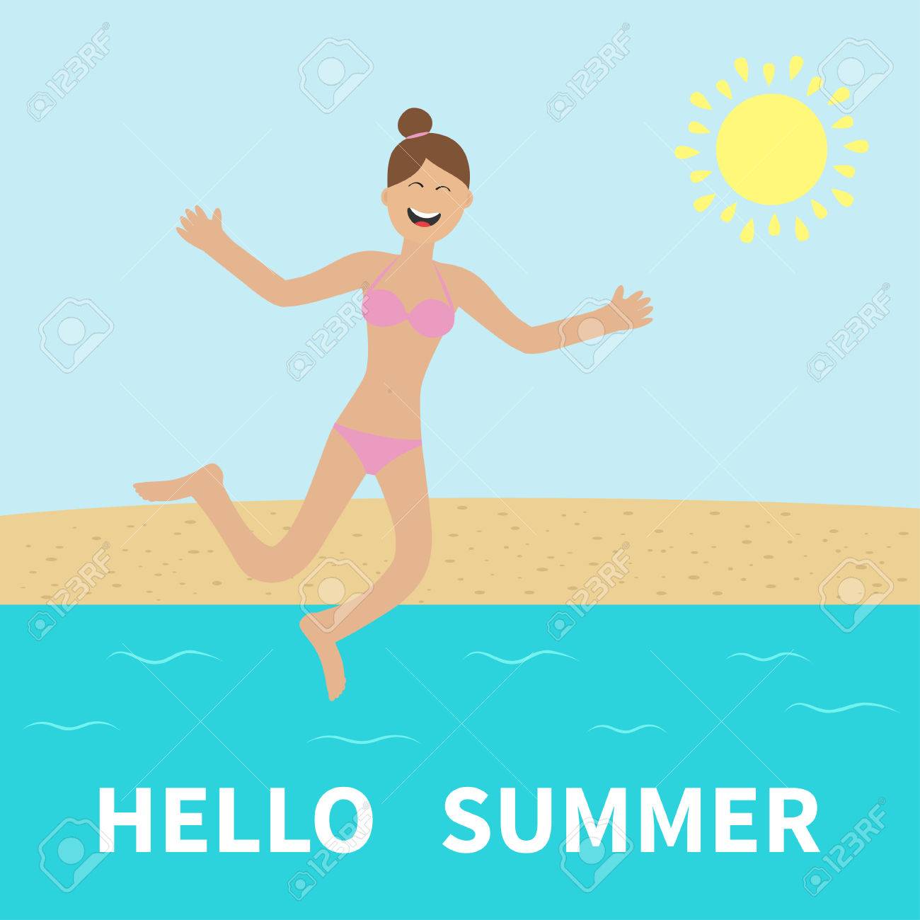 学生ビキニ水着でジャンプ こんにちは夏。水着のジャンプを着ている女性。 太陽、ビーチ、海、海。幸せな女の子のジャンプ。ピンクの水着で笑って文字を漫画します。ビキニ水着で笑顔の女性。  フラットなデザイン ベクトルのイラスト素材・ベクター Image 56434142