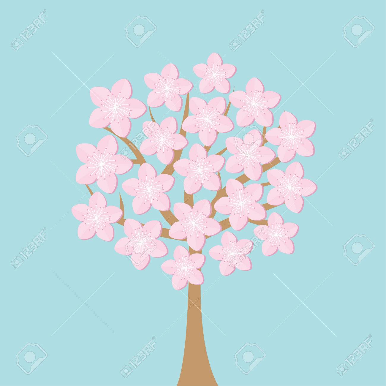 sakura tree flowers japan blooming cherry blossom set blue