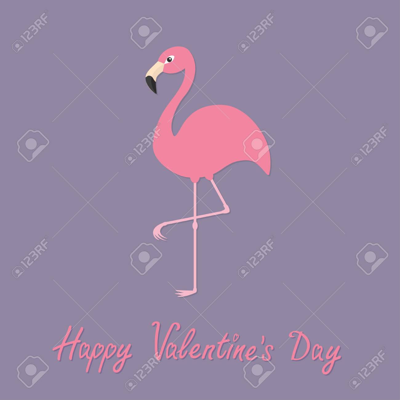 フラミンゴが片足で立っていたエキゾチックな熱帯の鳥 動物園の動物のコレクションです かわいい漫画のキャラクター 幸せなバレンタインデー グリーティング カードが大好きです 装飾フラット紫の背景 ベクトル図 のイラスト素材 ベクタ Image