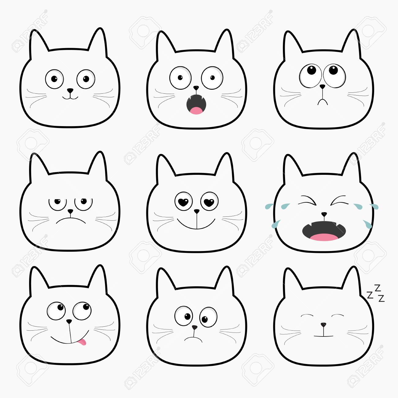 Mignon Tete De Chat Noir Regle Personnages De Dessins Animes Differentes Emotions Des Visages Collection Icones De Visage D Expression Pleurer Heureux Ronflement Chaton En Colere Sentiments De Chat Fond Blanc Plat Vector