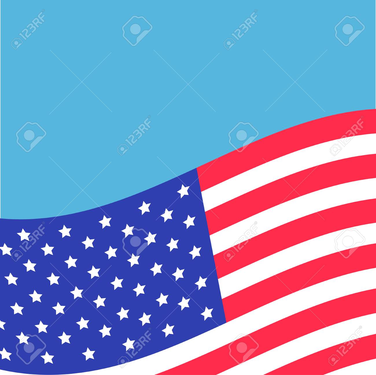 waving american flag frame blue background greeting card flat