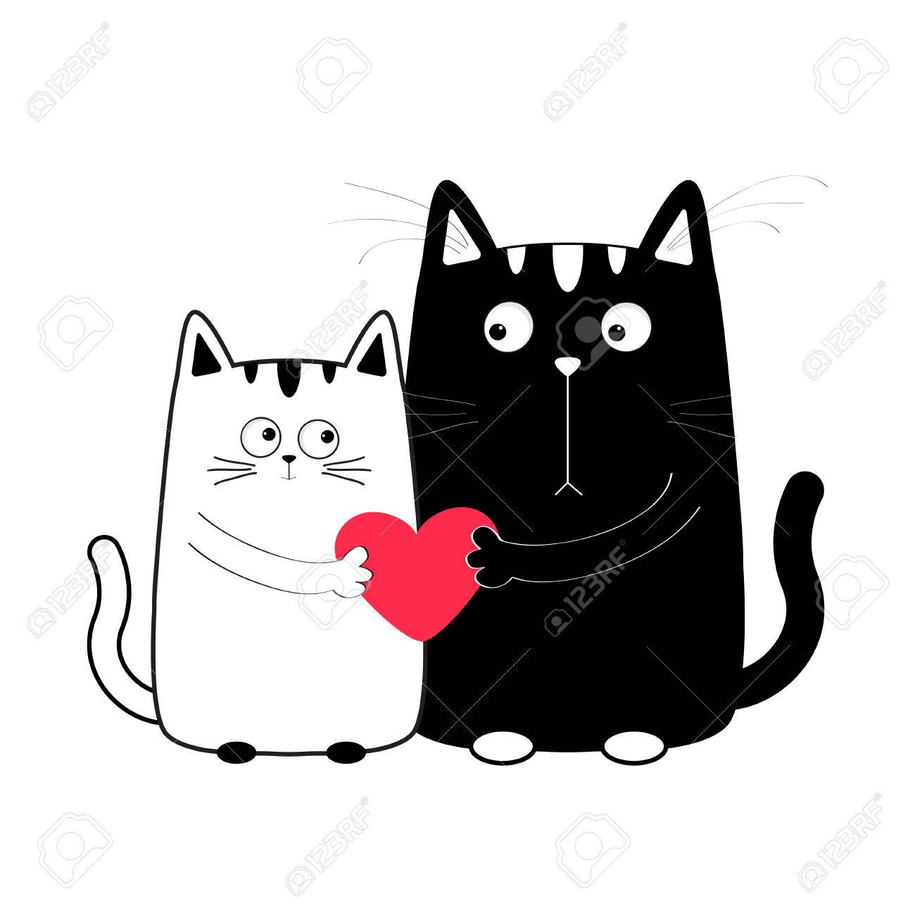 かわいい漫画白黒の猫少年と少女は 赤いハートを保持しています キティのカップル日 大きな口ひげひげ 面白い文字セット 幸せな家族 グリーティング カード フラット デザイン分離プロセスが大好きです ベクトル図 のイラスト素材 ベクタ Image