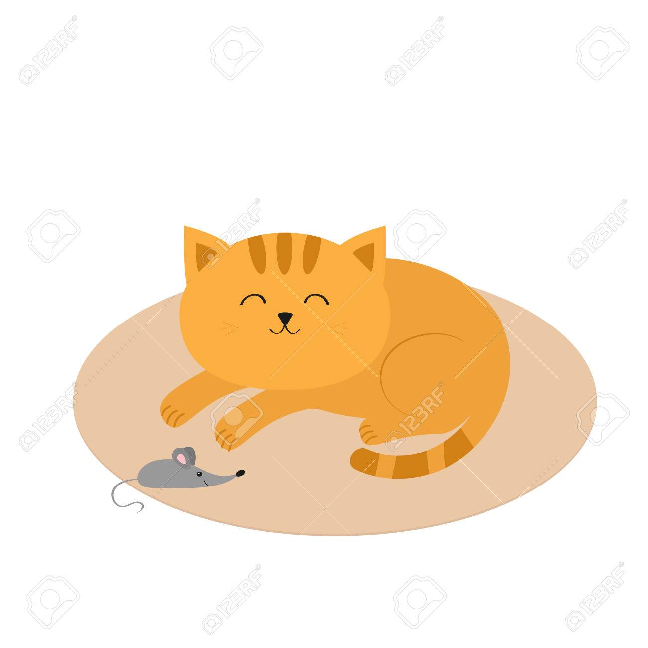 かわいい睡眠のオレンジ色の猫はカーペット ラグ マットに横になっています 髭ひげ ほとんどのマウス 動物のお友達 面白い漫画の文字のカップル 白い背景 分離されました フラットなデザイン ベクトル図のイラスト素材 ベクタ Image