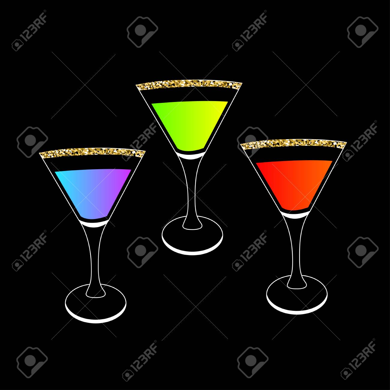 cocktail set in martini glass party card glowing drink gold