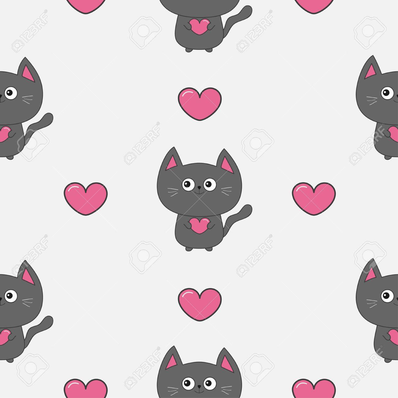 ピンクのハートを持った灰色の輪郭猫を設定します 動物のかわいい漫画のキャラクター ペットのコレクション シームレス パターン白背景 フラットなデザイン ベクトルの図 のイラスト素材 ベクタ Image