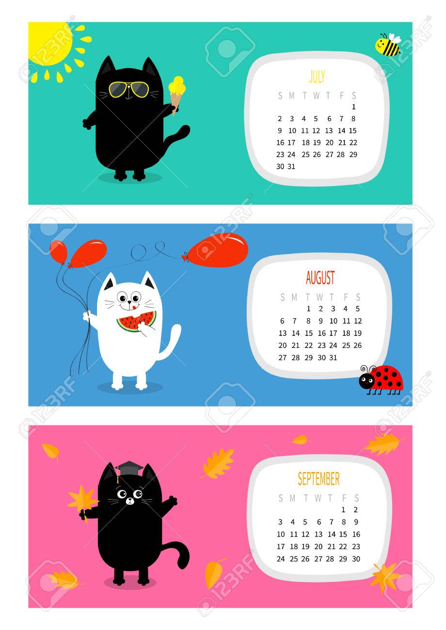 猫水平カレンダー 17 かわいい面白い漫画ホワイト ブラック文字セット 7 月 8 月 9 月の月 アイスクリーム 黄色い太陽が輝いて サングラス赤バルーン スイカ果実葉フラット デザイン ベクトル のイラスト素材 ベクタ Image