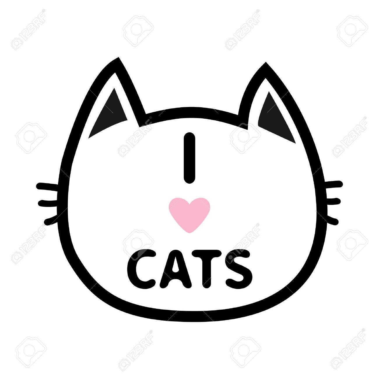 猫の心のテキスト文字が大好きです 黒い猫頭顔輪郭シルエット アイコン ピクトグラムを行します かわいい面白い漫画のキャラクター キティ子猫のひげ赤ちゃんペット ホワイト バック グラウンド 孤立したフラット デザイン ベクトルのイラスト素材 ベクタ Image