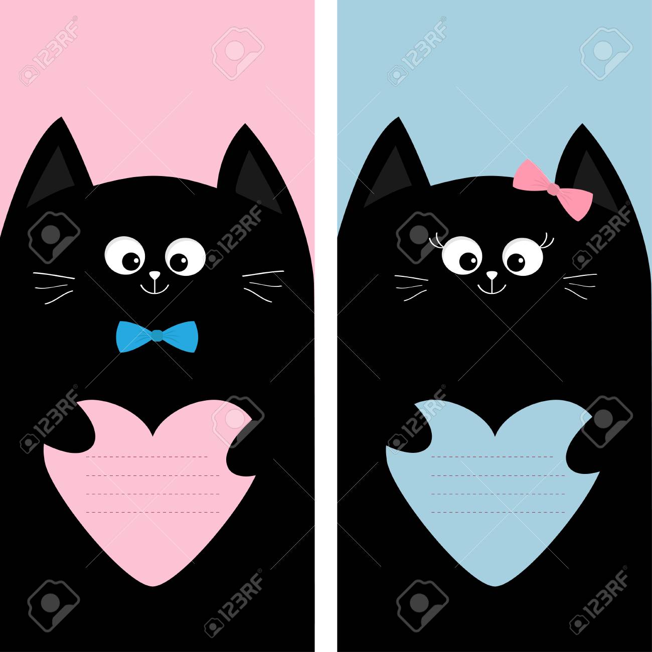 ピンクの青いハートの形状の紙を保持している黒猫キティ家族 ポスター ノートブック カバー組成本テンプレート かわいい漫画の文字セット ペット ベビー コレクション カード フラット デザイン ベクトルの背景の色のイラスト素材 ベクタ Image