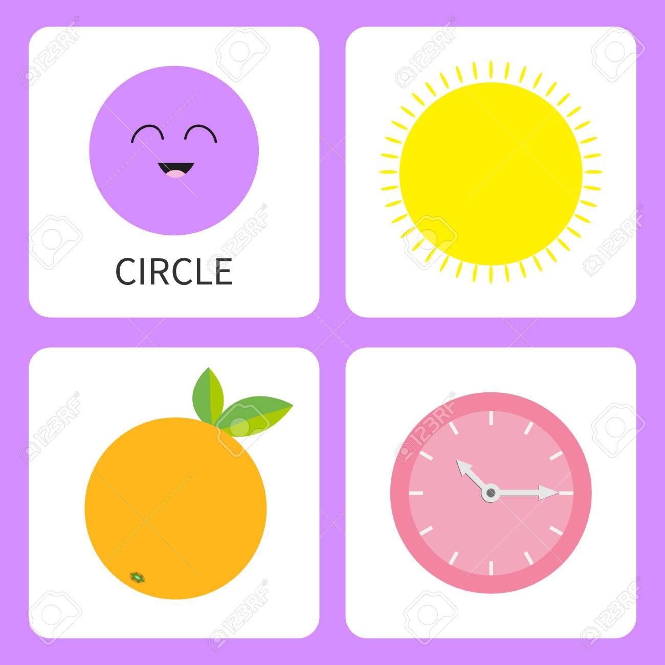 Learning Circle Form Shape. Smiling Face. Cute Cartoon Character. Sun, Orange Fruit With Leaf, Clock Watch Set. Educational Cards For Kids. Flat Design. White Background. Isolated. Vector Illustration Royalty Free SVG, Cliparts, Learning Circle Form Shape. Smiling Face. Cute Cartoon Character. Sun, Orange Fruit With Leaf, Clock Watch Set. Educational Cards For Kids. Flat Design. White Background. Isolated. Vector Illustration Royalty Free SVG, Cliparts,
