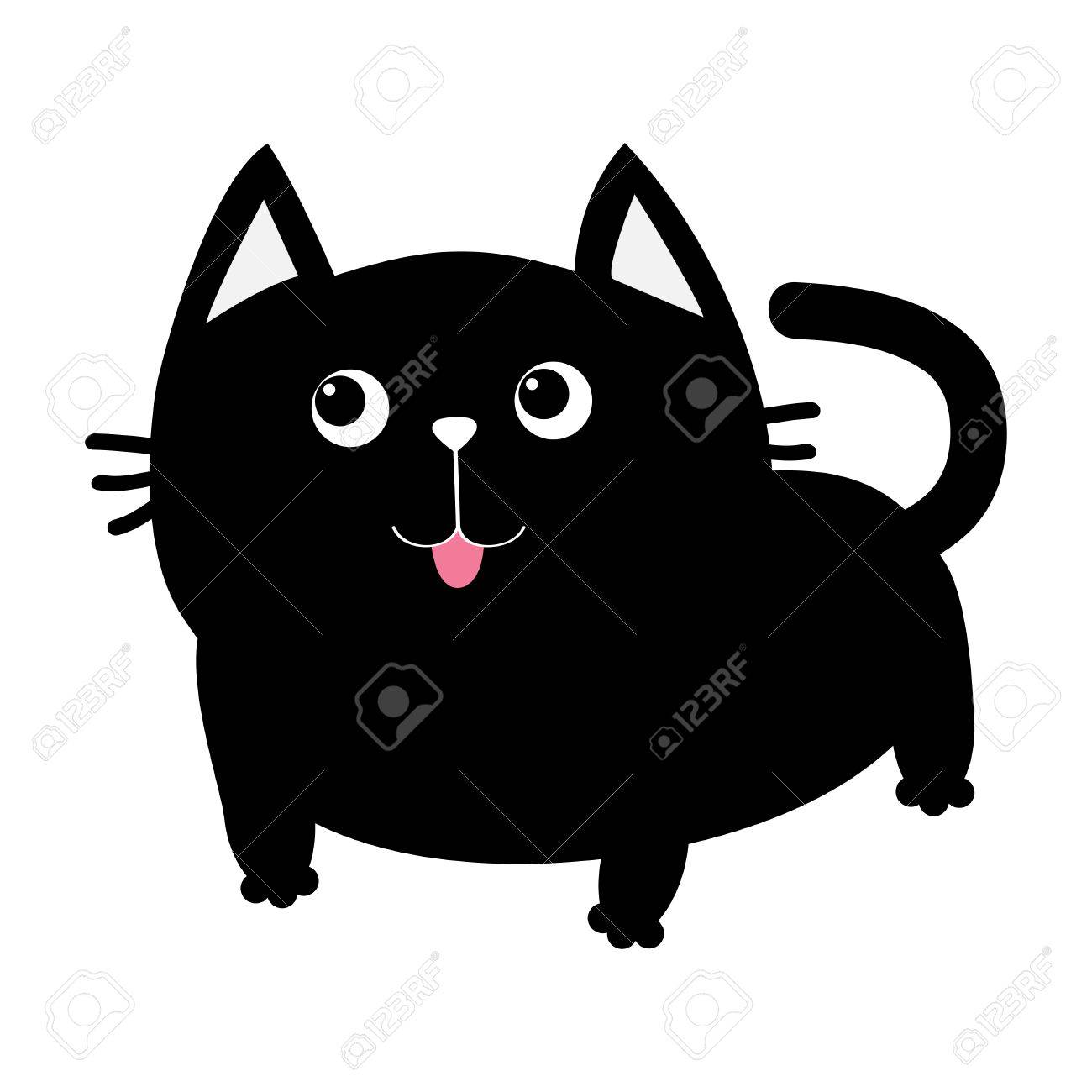 Icone De Chat Noir Personnage Souriant Mignon De Dessin Anime Drole Kawaii Animal Grosse Queue Moustaches Langue Yeux Bonne Emotion Kitty Chaton Bebe Animal Collection Fond Blanc Isole Design Plat Vecteur Clip
