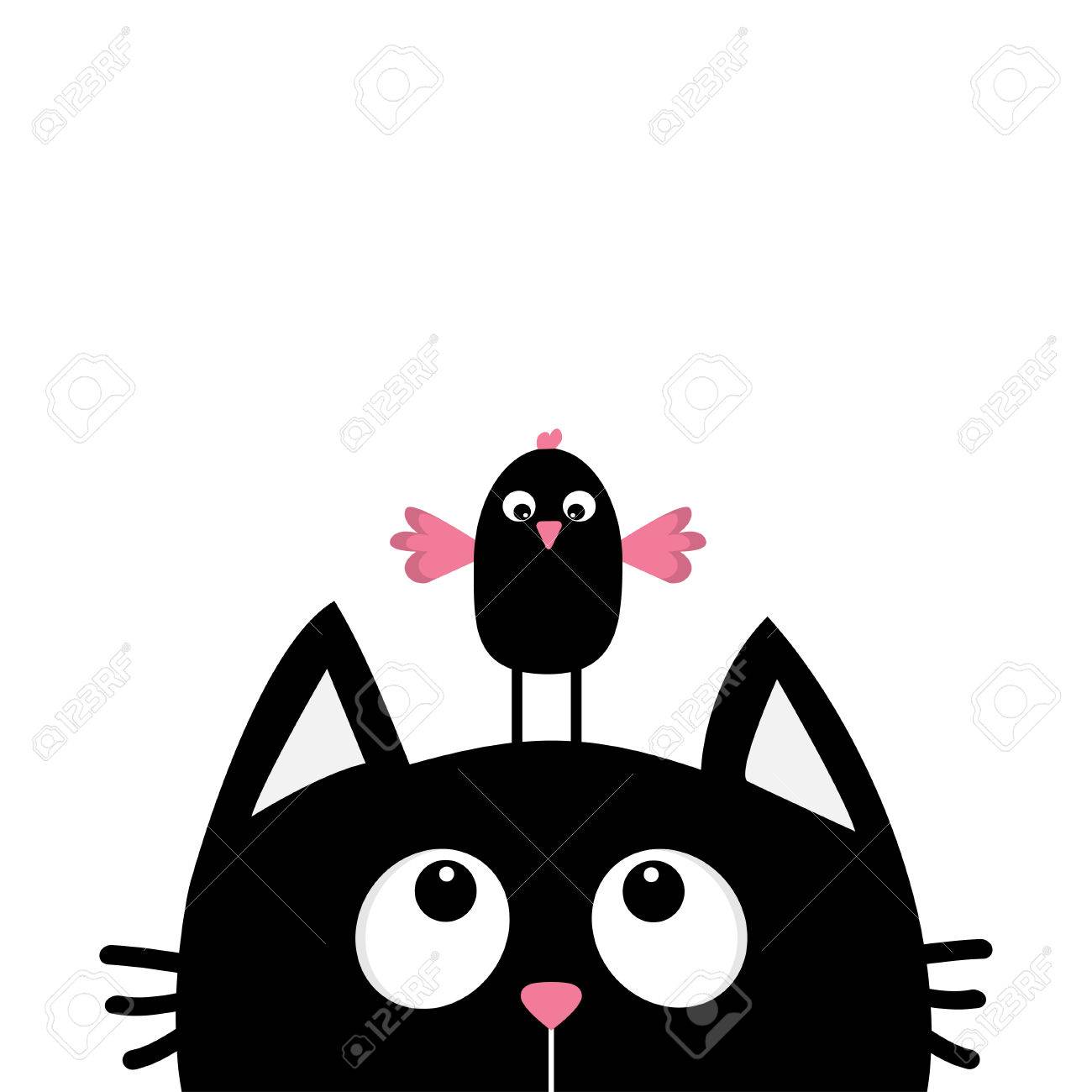 Silhouette Tete De Chat Noir A La Recherche D Oiseau Drole Personnage Mignon Kawaii Animal Carte De Bebe Collection D Animaux Style Design Plat Fond Blanc Isole Illustration Vectorielle Clip Art Libres De Droits