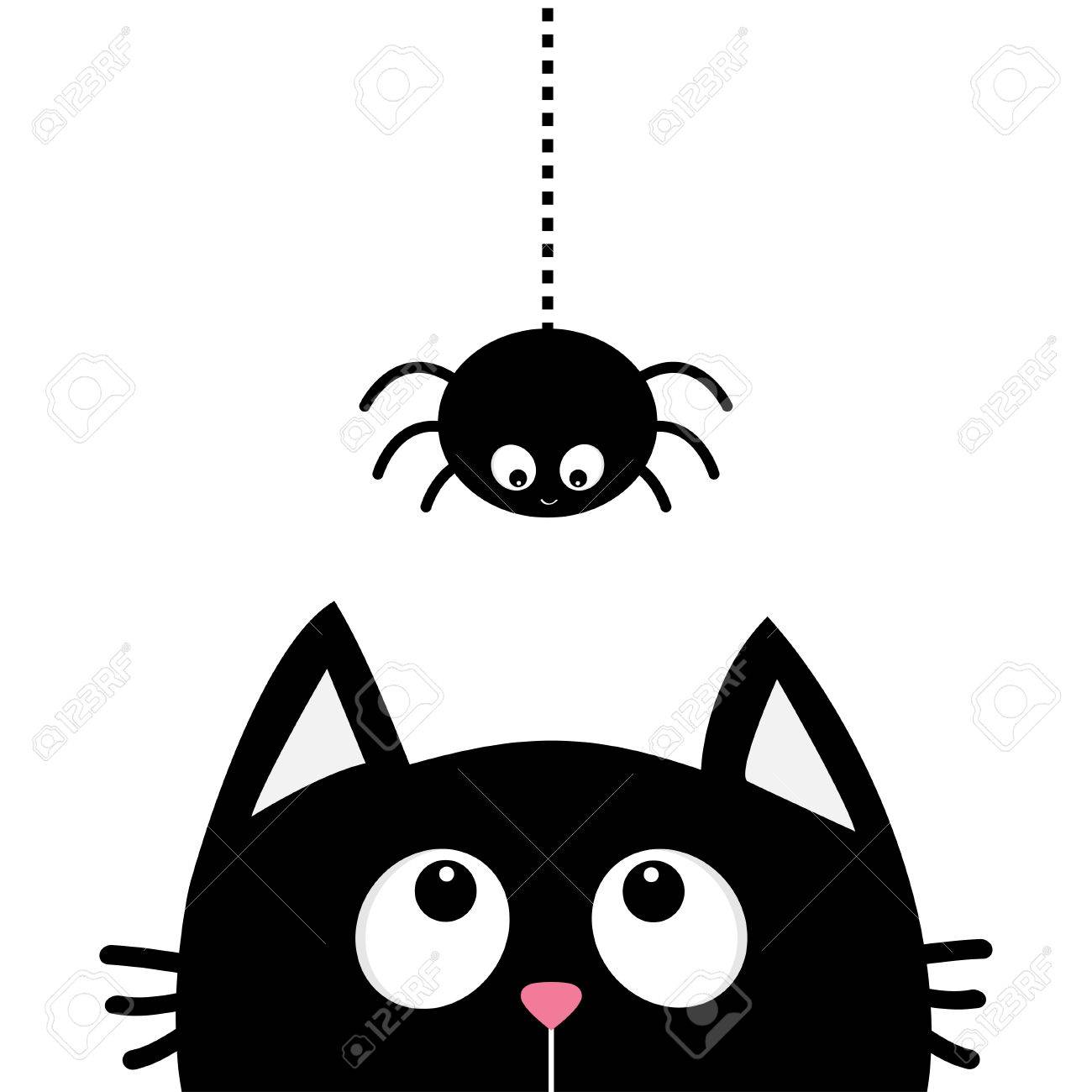 Silhouette De Tete De Visage De Chat Noir En Levant A Accrocher Sur L Insecte De Sprinter Web De Ligne De Tiret Personnage De Dessin Anime Mignon Clip Art Libres De Droits