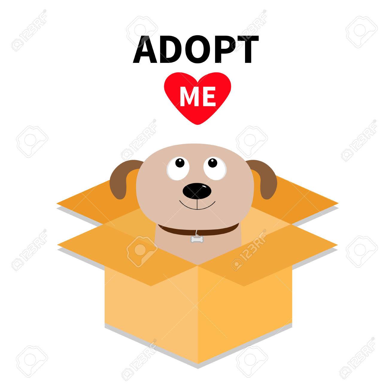 Adopte moi. Ne pas acheter. Chien à l'intérieur de la boîte en carton ouverte. Adoption d'animaux. Chiot chiot levant les yeux vers le coeur rouge. Adopte moi. Ne pas acheter. Chien à l'intérieur de la boîte en carton ouverte. Adoption d'animaux. Chiot chiot levant les yeux vers le coeur rouge.
