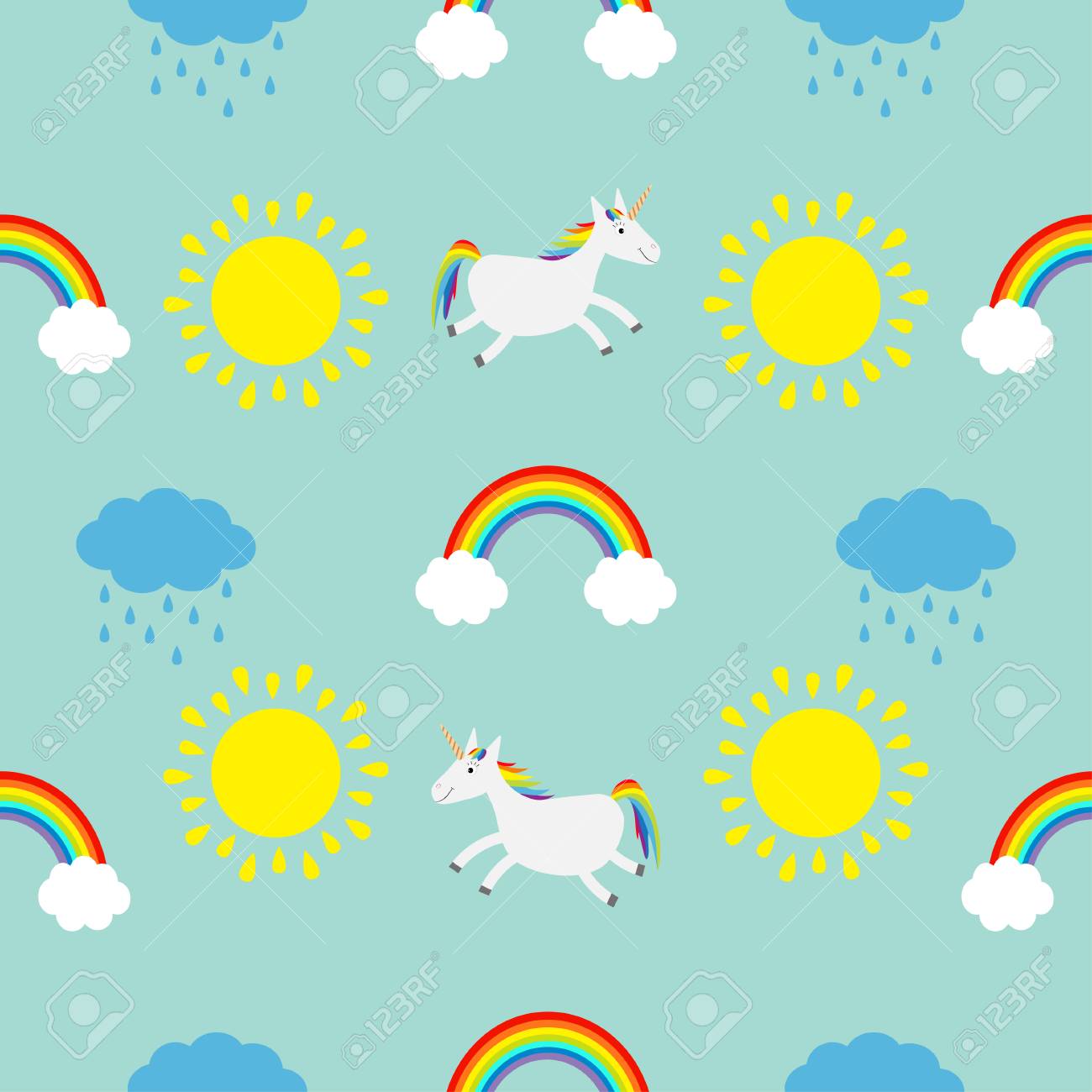 Soleil De Dessin Anime Mignon Nuage De Pluie Arc En Ciel Cheval Licorne Papier D Emballage Bebe Modele Sans Couture Modele De Textile Fond Bleu Design Plat Illustration Vectorielle Clip Art Libres De Droits