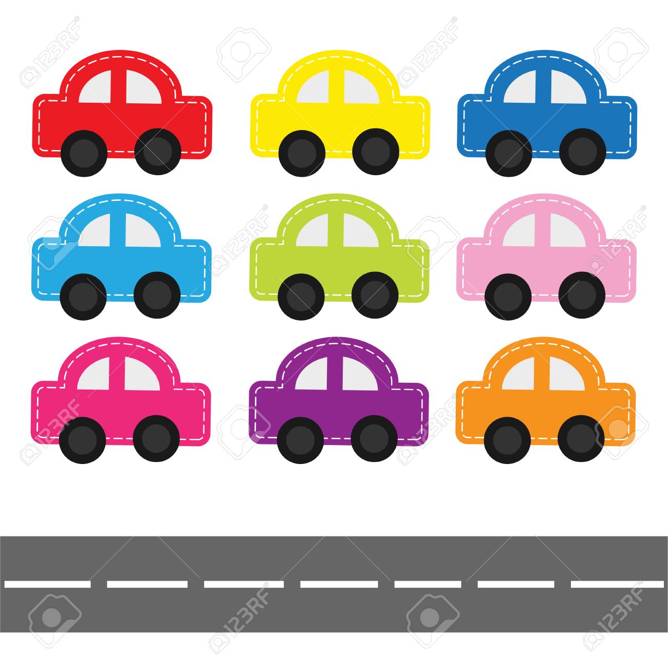Voiture De Dessin Anime Avec Ligne De Tiret Et Route Horizontale Style De Bebe Enfants Fond Blanc Isole Design Plat Illustration Vectorielle Clip Art Libres De Droits Vecteurs Et Illustration Image