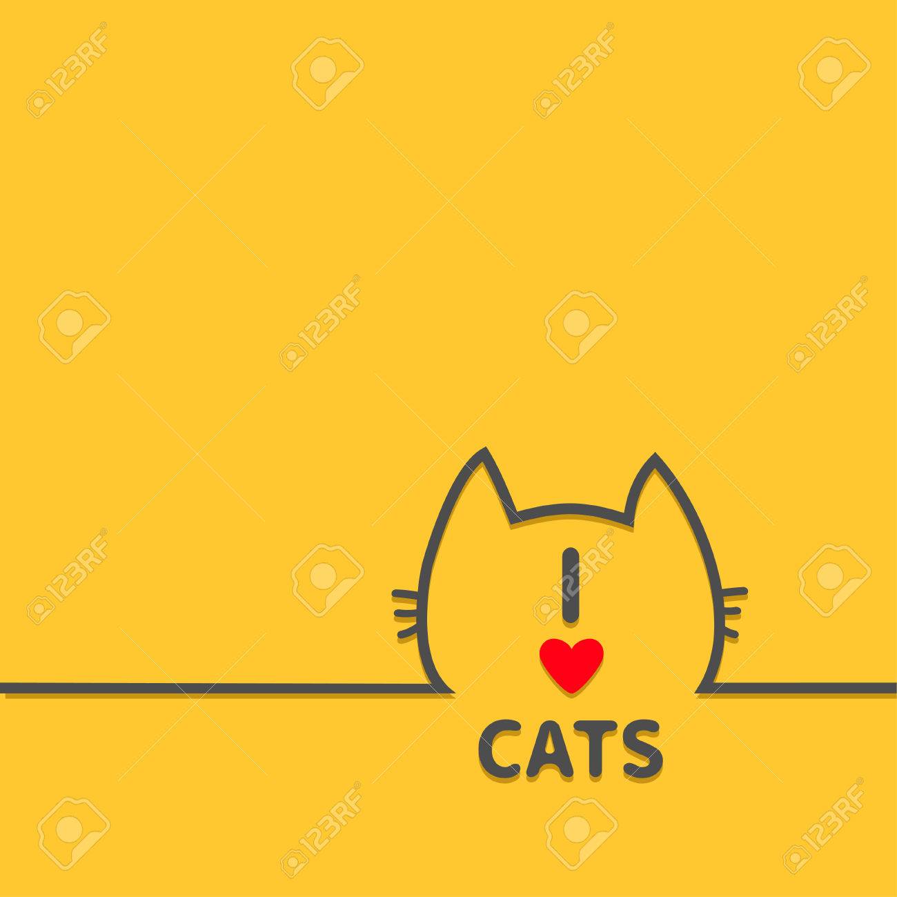 黒い猫頭顔輪郭シルエット ライン アイコン かわいい漫画のキャラクター 猫の心のテキスト文字が大好きです キティ子猫のひげ赤ちゃんペット黄色背景 孤立したフラット デザイン ベクトル イラスト のイラスト素材 ベクタ Image