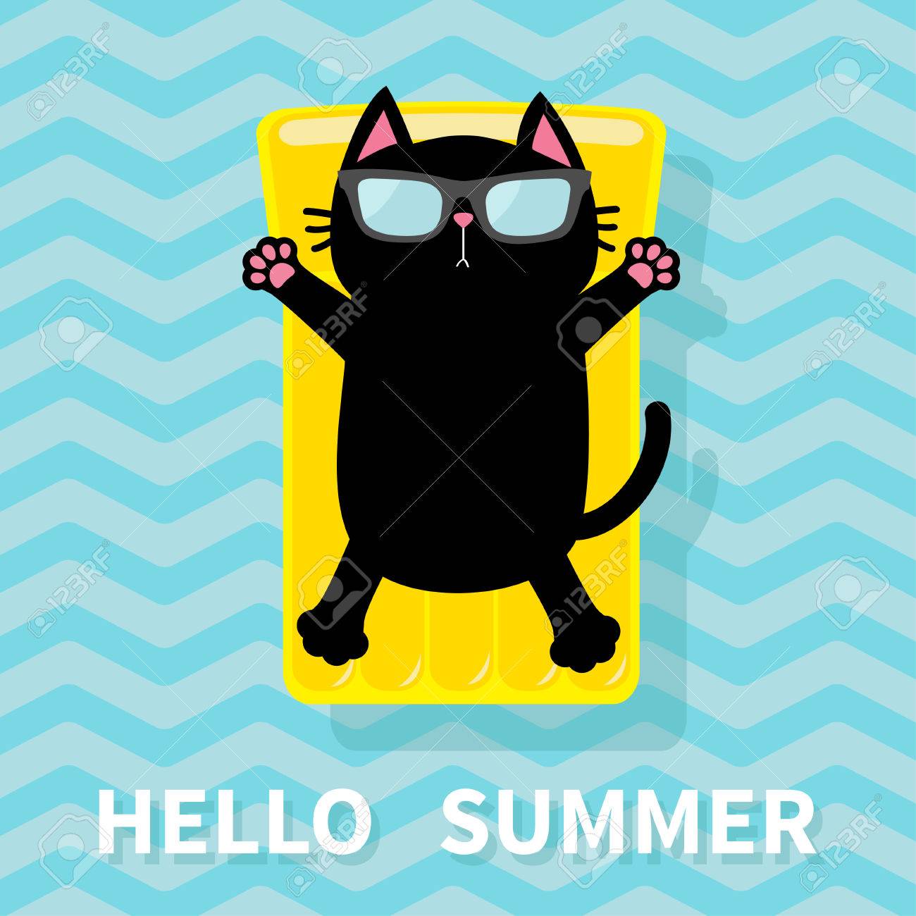 Chat Noir Flottant Sur Le Matelas D Eau De Piscine Jaune Personnage De Dessins Animes Mignons Des Lunettes De Soleil Bonjour Ete Eau Ocean De Mer Avec Des Vagues En Zigzag Fond Bleu Chat Noir Flottant Sur Le Matelas D Eau De Piscine Jaune Personnage De Dessins Animes Mignons Des Lunettes De Soleil Bonjour Ete Eau Ocean De Mer Avec Des Vagues En Zigzag Fond Bleu