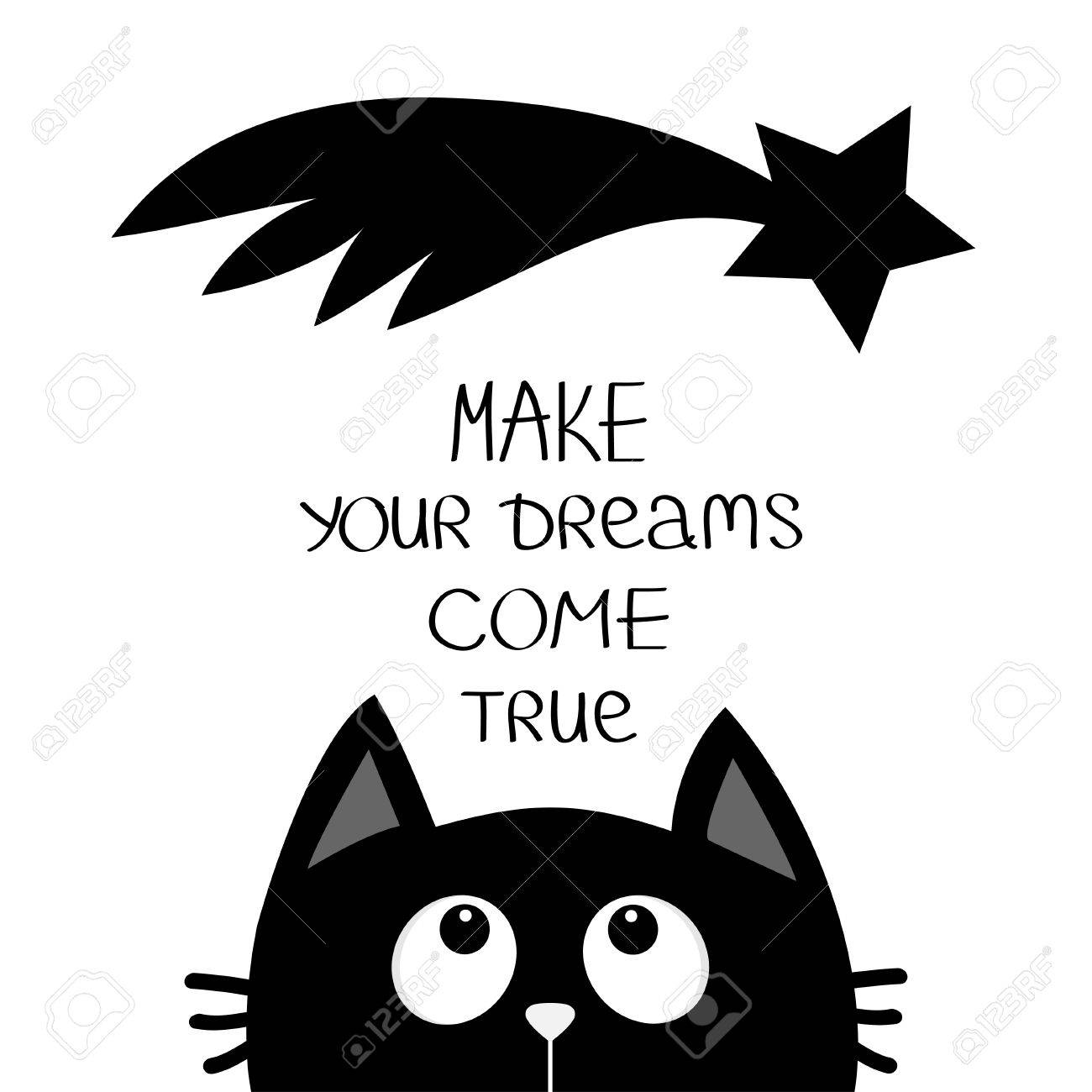 Vettoriale Gatto Nero Alla Ricerca Di Una Stella Cometa Rendi I Tuoi Sogni Come Realta Citazione Motivazione Calligrafica Ispirazione Frase Lettering Carino Personaggio Dei Cartoni Animati Kawaii Animale Piatto Sfondo Bianco