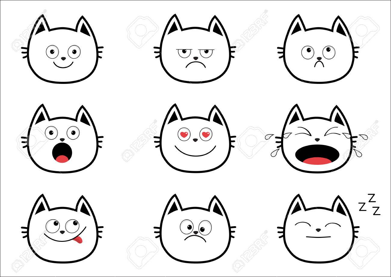 Jeu De Chat Contour Noir Mignon Personnages De Dessins Animes Droles Collection D Emotions Heureux Surpris Pleurant Triste En Colere Souriant Fond Blanc Isole Flat Design Vector Illustration Clip Art Libres De Droits
