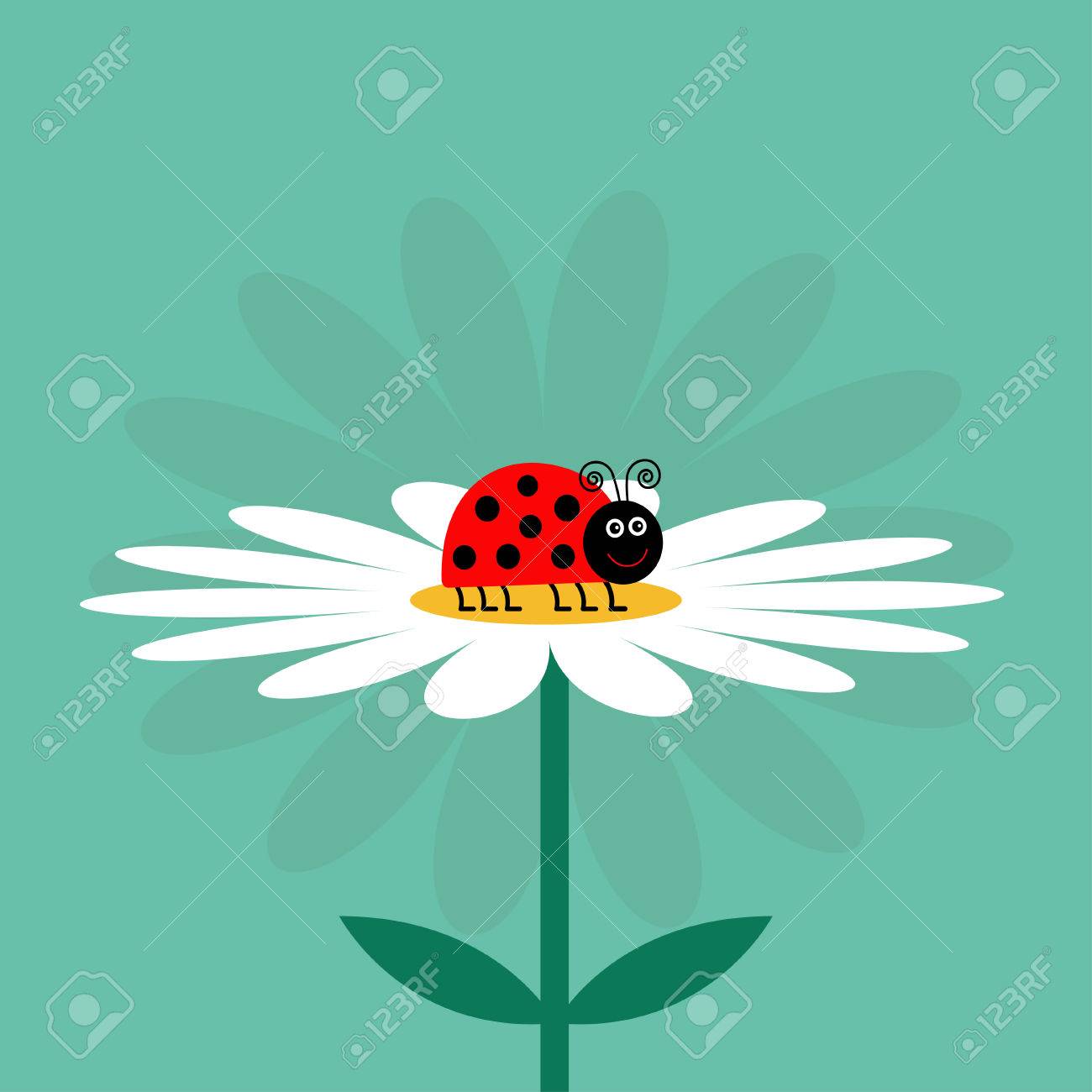 てんとう虫テントウムシ虫 白いデイジーのカモミール かわいい成長花植物のコレクション 愛のカードです カモミールのアイコン 漫画のキャラクター のイラスト素材 ベクタ Image