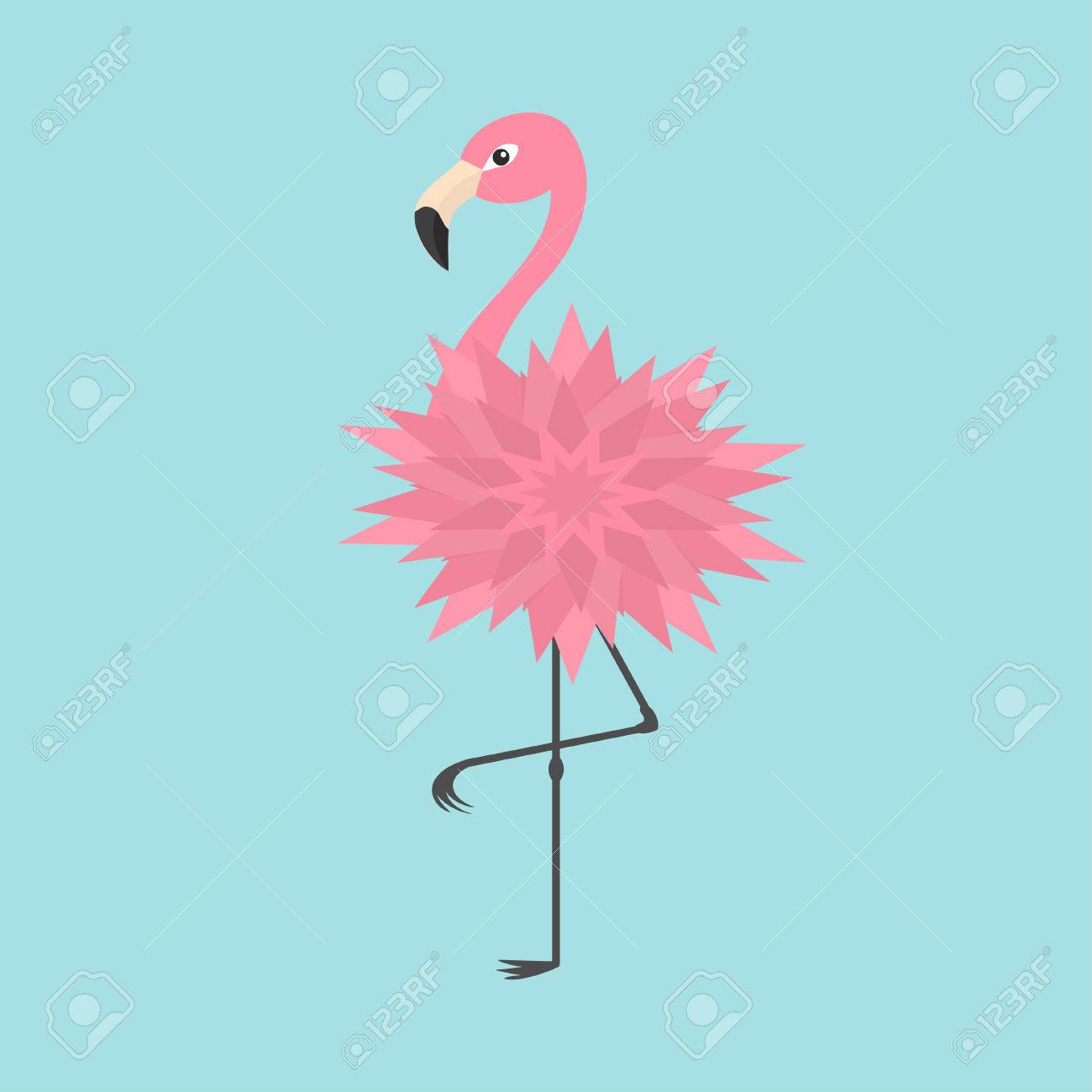 ピンクのフラミンゴ片足立ち保持 花の体 エキゾチックな熱帯の鳥 動物園の動物のコレクションです かわいい漫画のキャラクター 装飾要素 フラットなデザイン 青色の背景色 分離されました ベクトル図 のイラスト素材 ベクタ Image