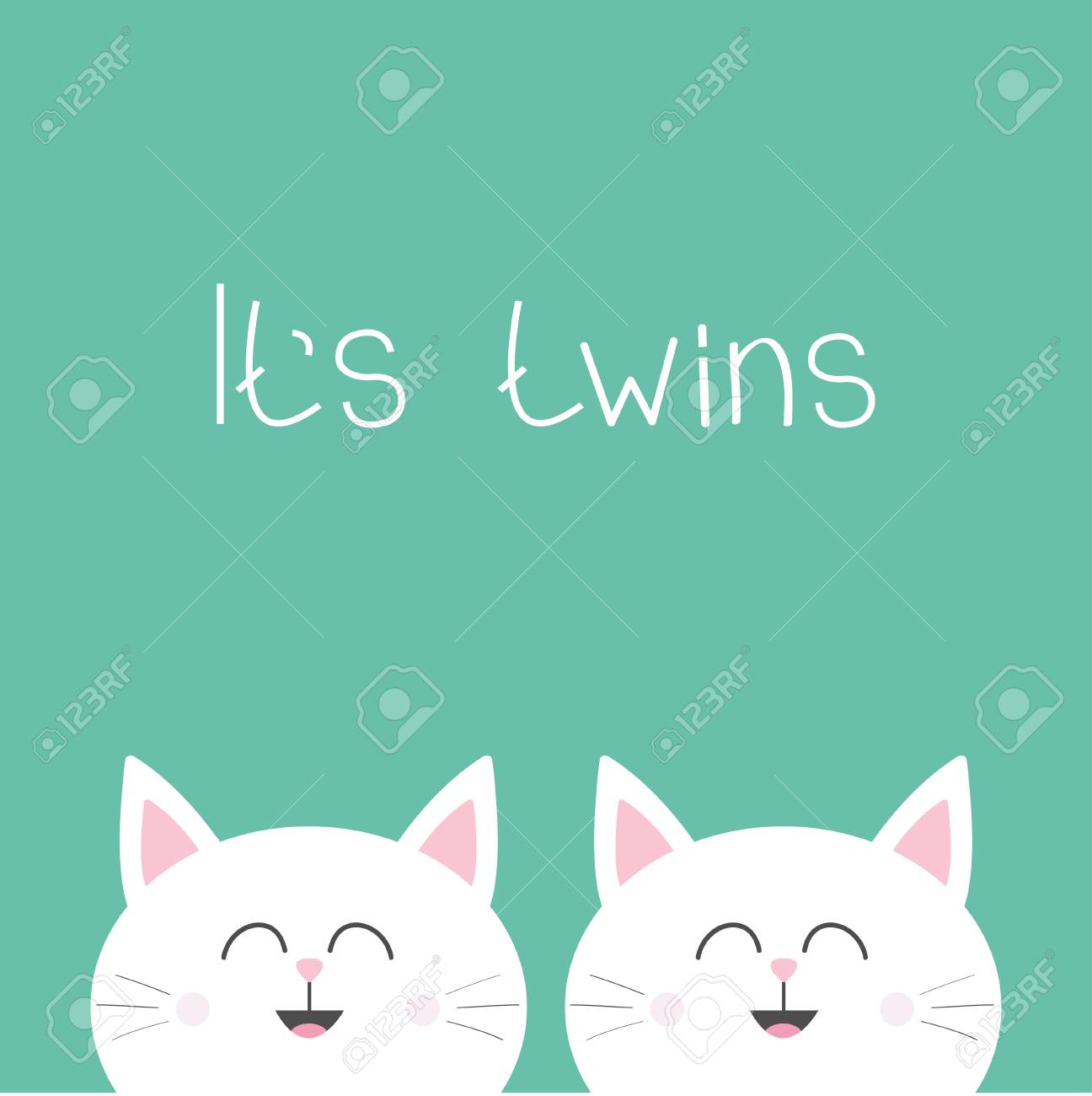 その双子 2 つかわいい双子の猫 猫頭のカップル家族アイコン かわいい漫画の面白いキャラクターを設定します 緑の背景 分離されました フラット デザイン ベクトル イラスト のイラスト素材 ベクタ Image