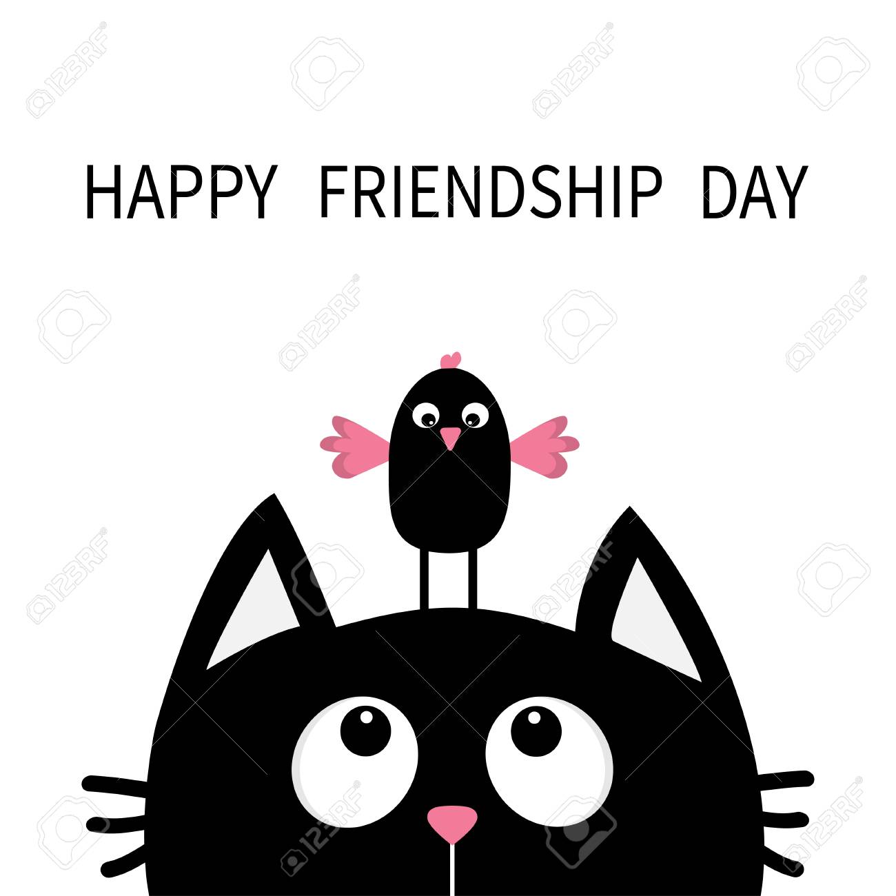 Bonne Journee De L Amitie Chat Noir Mignon En Levant A Oiseau Sur La Tete Personnage Drole De Bande Dessinee Kawaii Animal Kitty Chaton Collection De Bebe Animal De Compagnie Fond Blanc Isole